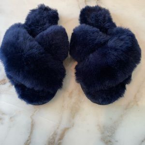 Emu Australia- Sheepskin fur Slide Slippers, in rich sapphire navy blue.